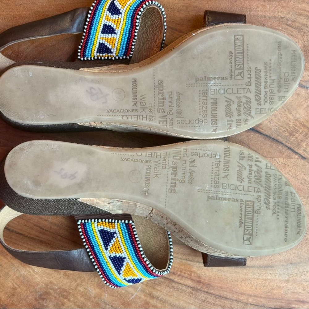 PIKOLINOS Multicolor Beaded Brown leather wedge Sandals women’s size 39 EU boho - Picture 9 of 11